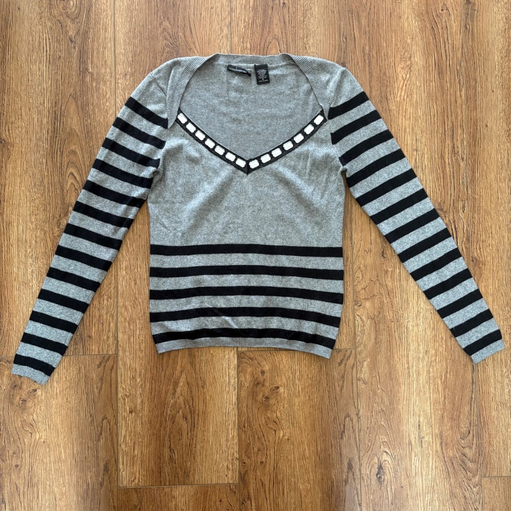 Y2K Moda Silk Cashmere Rhinestone Embellished Long Sleeve Top Womens‎ M Gray VTG